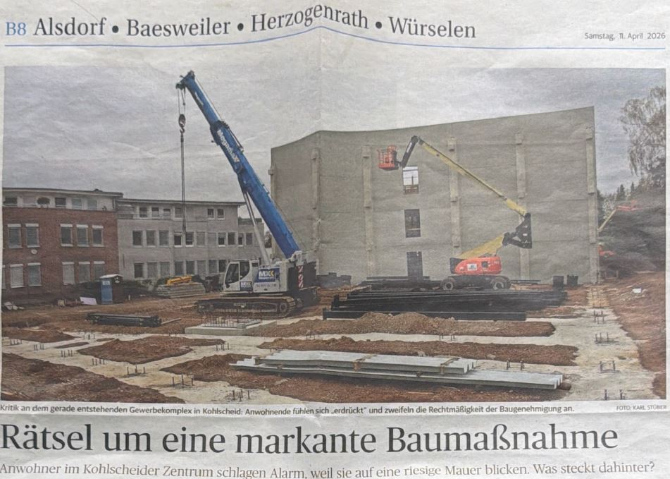 Titelbild zu 11.04.2026 „Anwohner im Kohlscheider Zentrum schlagen Alarm, weil sie auf eine riesige Mauer blicken“